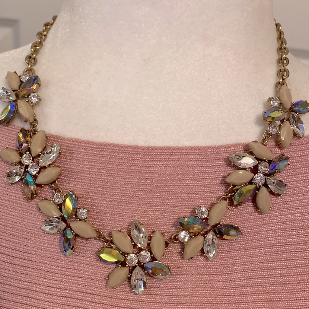 J Crew Gold Tone Necklace Rhinestones Aurora Borealis Taupe 13$